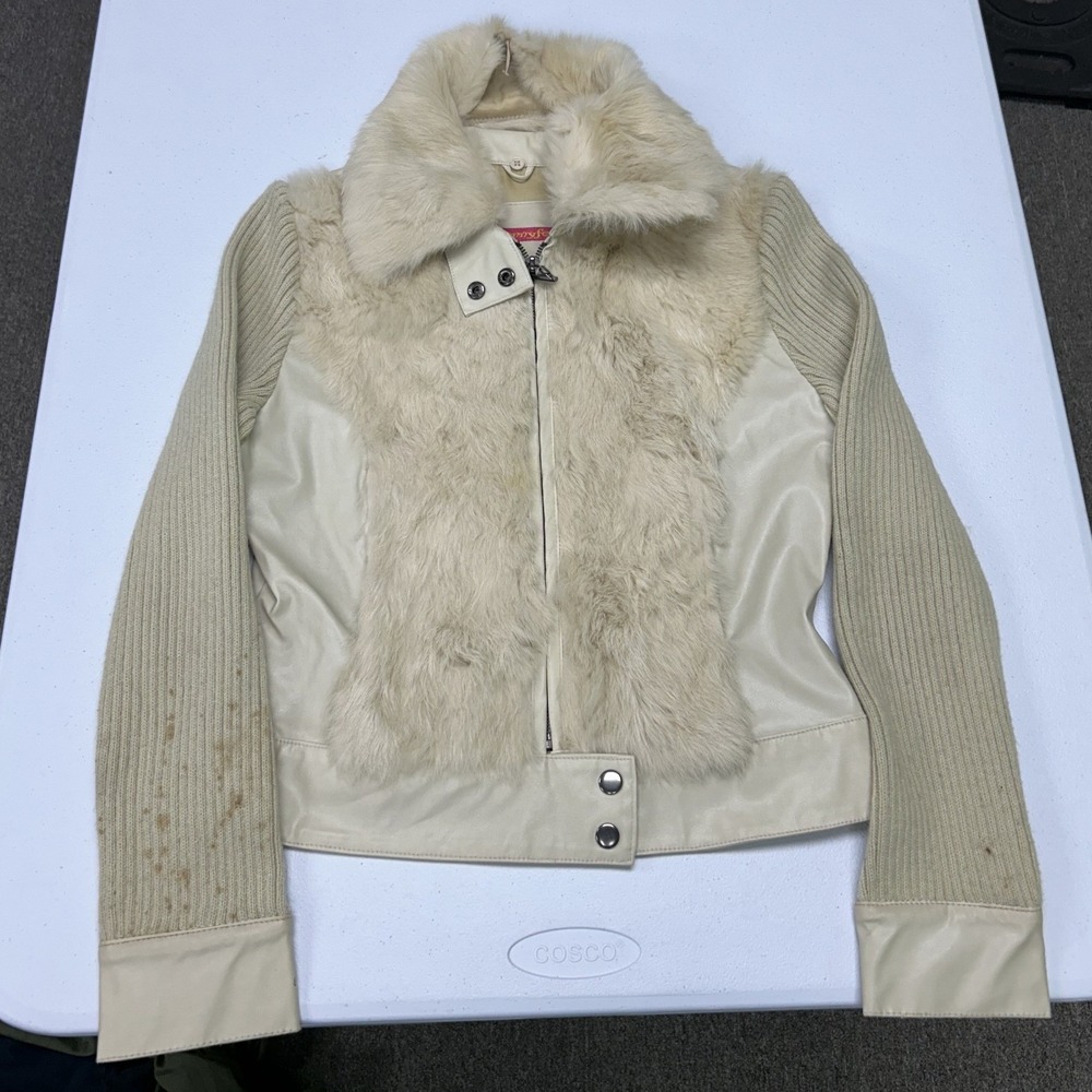 Jennyfer J Fur Trim Jacket Womens M Cream Faux Leather Mixed Media Ribbed H2